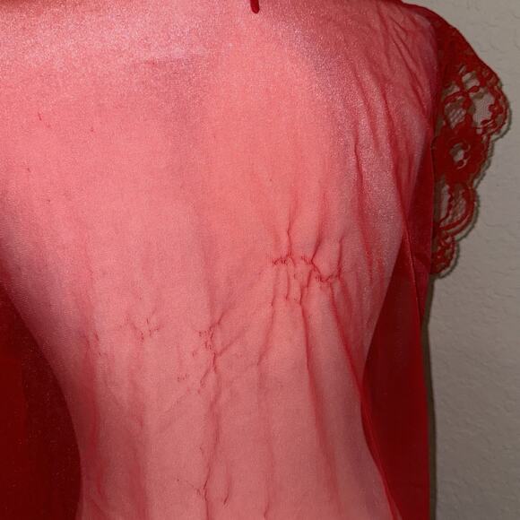 Vintage Red Trim Lace Short Sheer Mesh Nightie Robe Lingerie Women’s Small - Picture 5 of 9